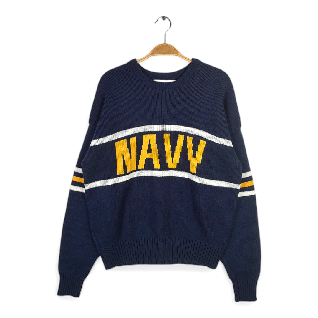 80s USネイビー USA製 ジャガード ヴィンテージ ウールセーター U.S.NAVY サイズL 古着 CH1116