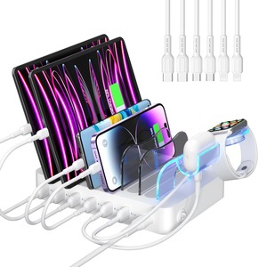 【数量限り】首佩USB ステーション 50W/10A 6ポート充電スタンド急速充電スタンド PSE認証済 6本の短いケーブルが2in1ブラケット、携帯電話、タブレット、その他のホワイト
