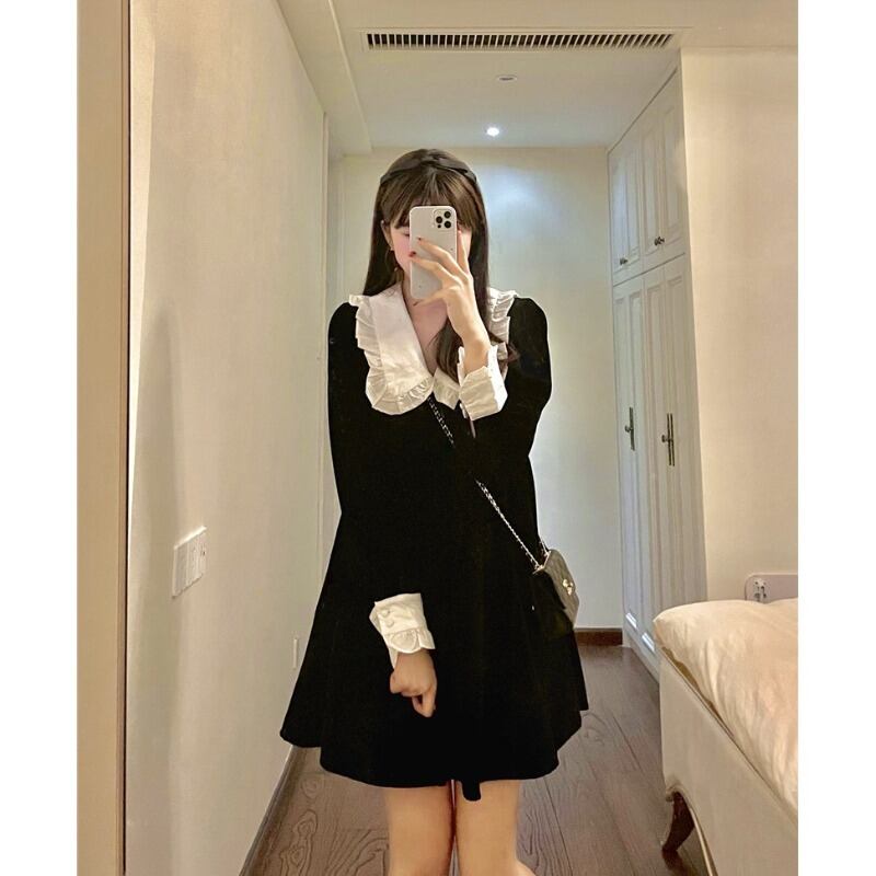 ブラックドレス カラーサマー薄手スプリングオータムAラインスカート 春物 夏物 秋物 萌量不足23674353656