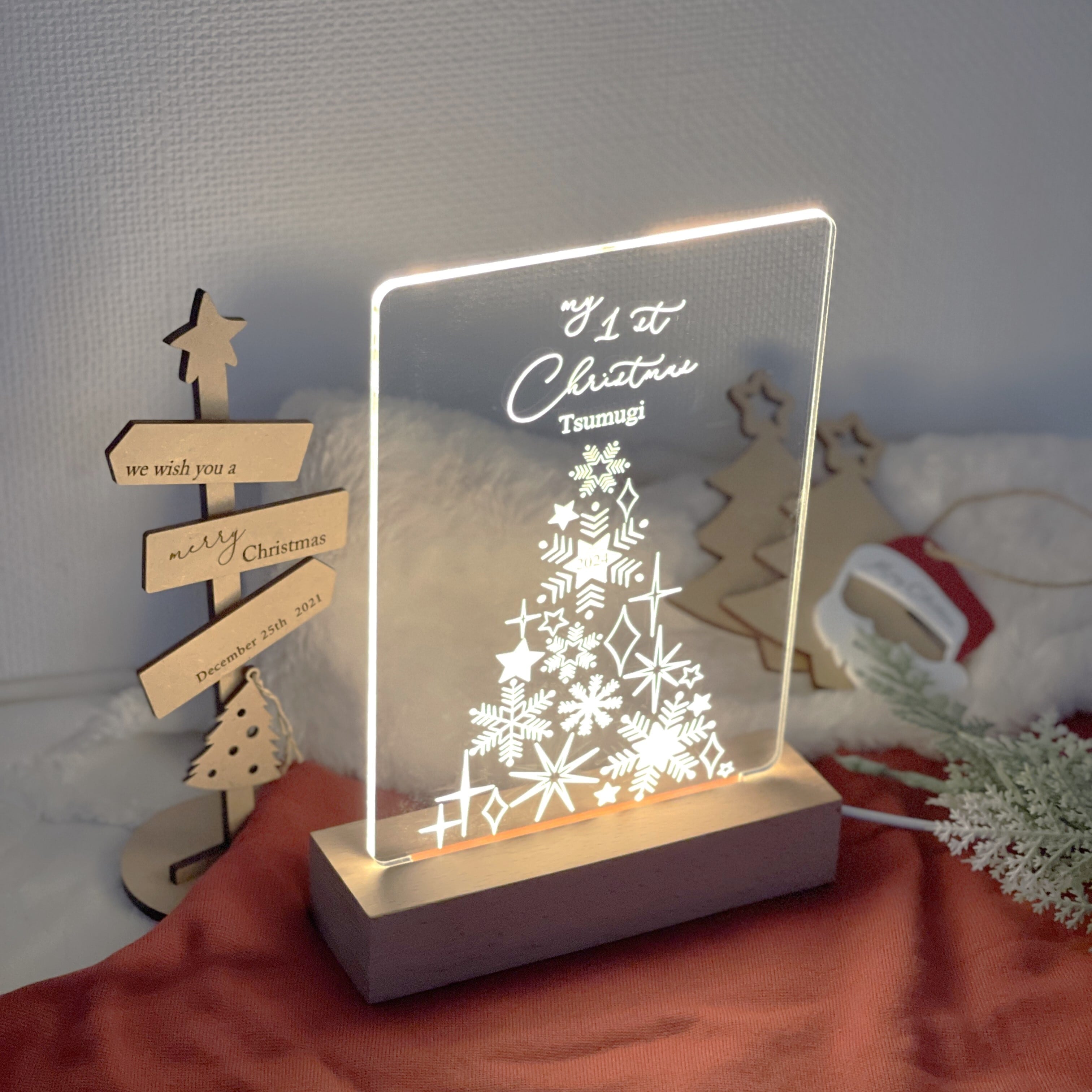 Christmas / 光る 名入れ クリアプレート（木製ライトスタンド付き