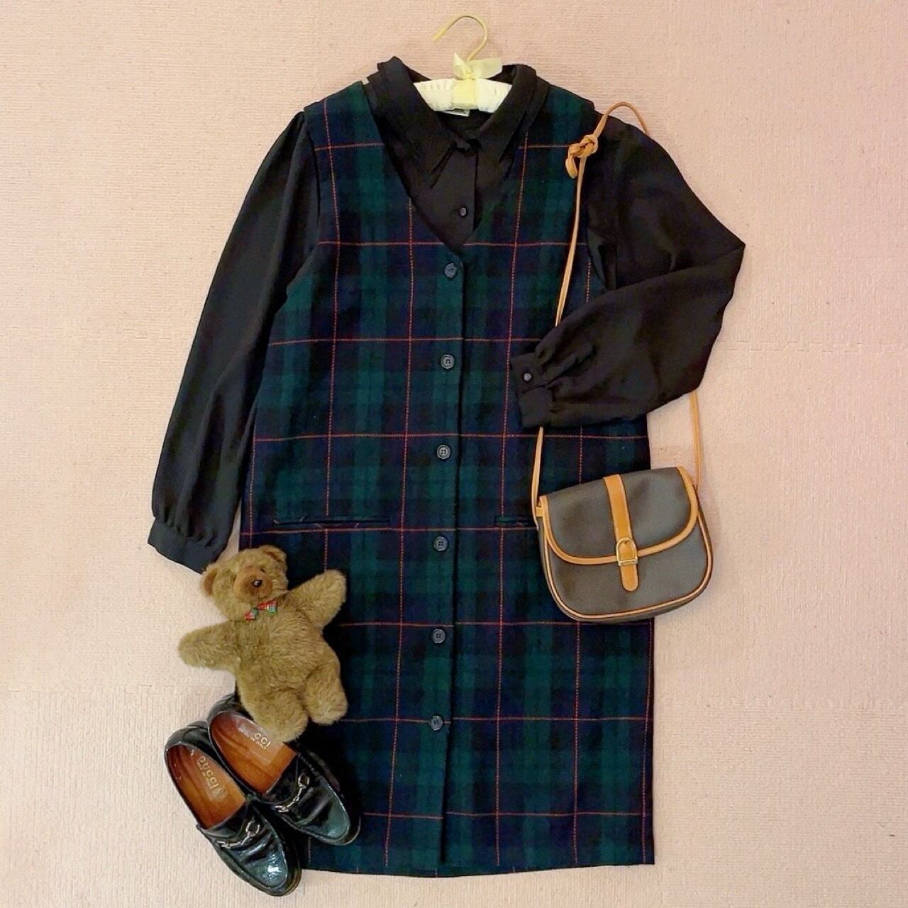 green chek front button jumper skirt