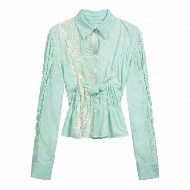 [9266studio] Irregular French vintage lace pleated shirt