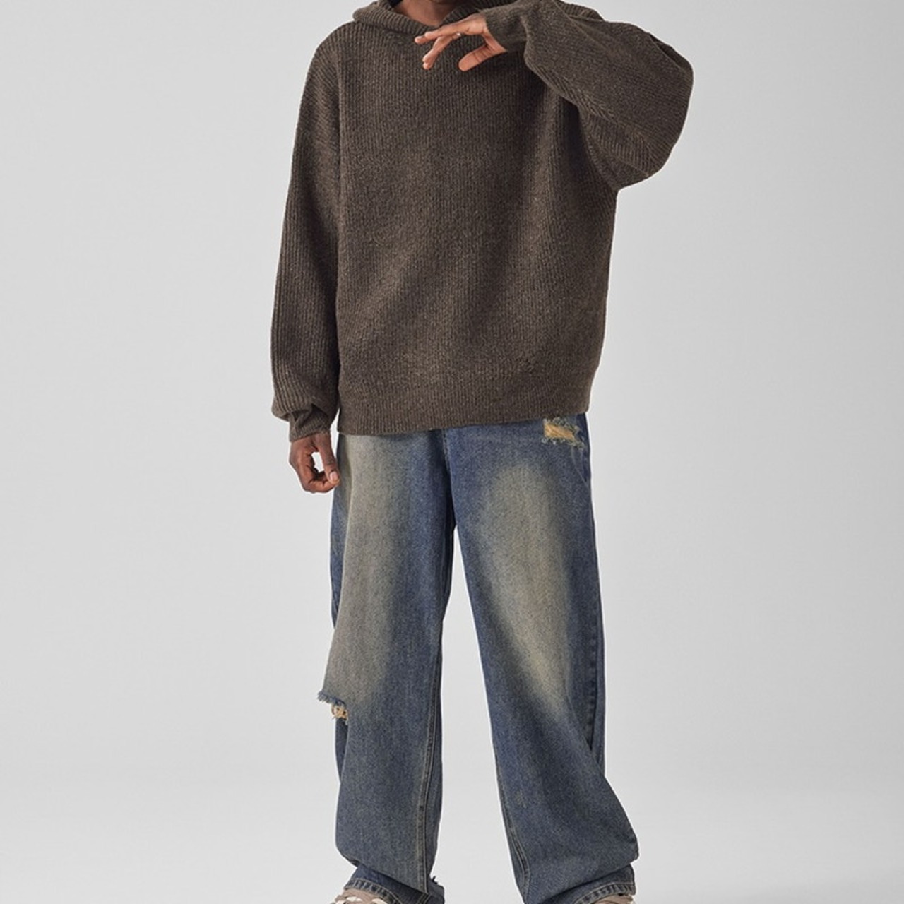 ダメージ加工ポイントフードニット　949