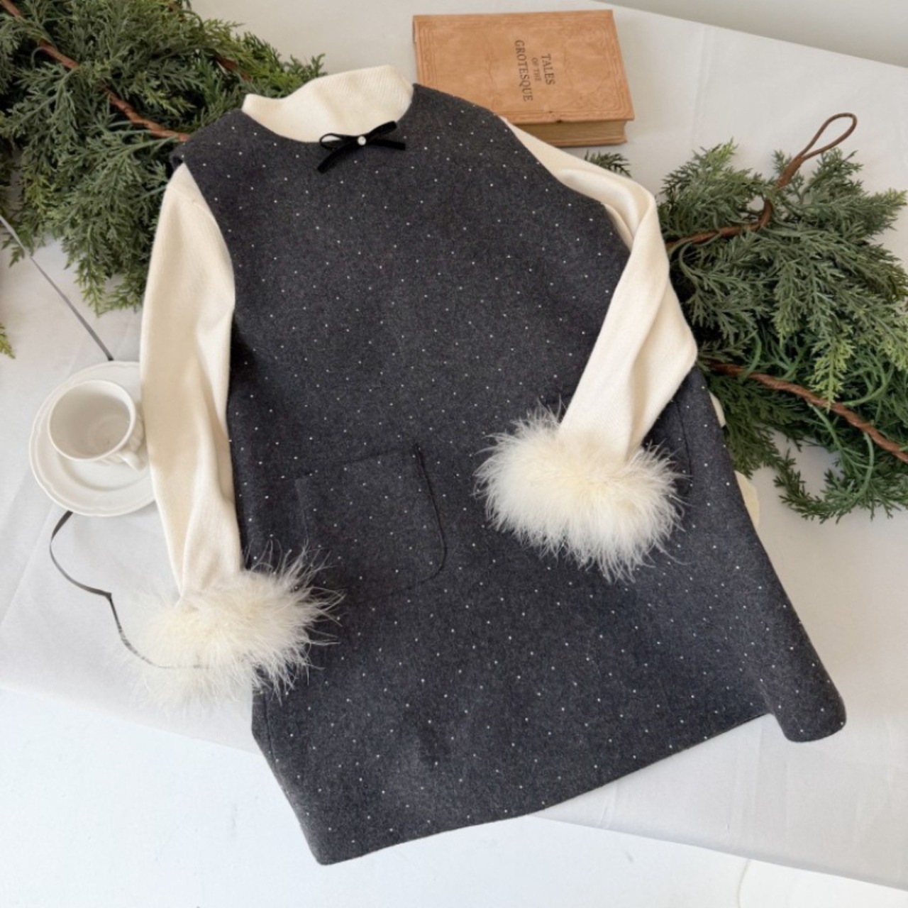 春リボンデザイン水玉柄スパンコールドレス