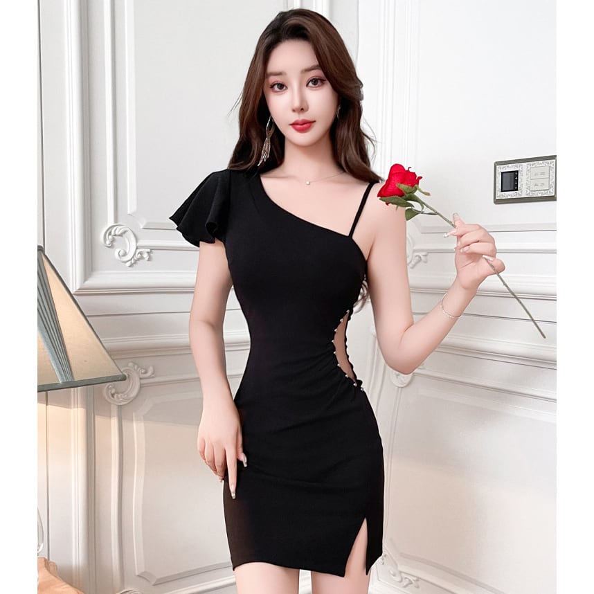 【2色】ミニドレス キャバドレス セクシー 肩見せ 上品 ボディコン ビジュー付き スリット入り 指名 クラブ JC2-JX5818