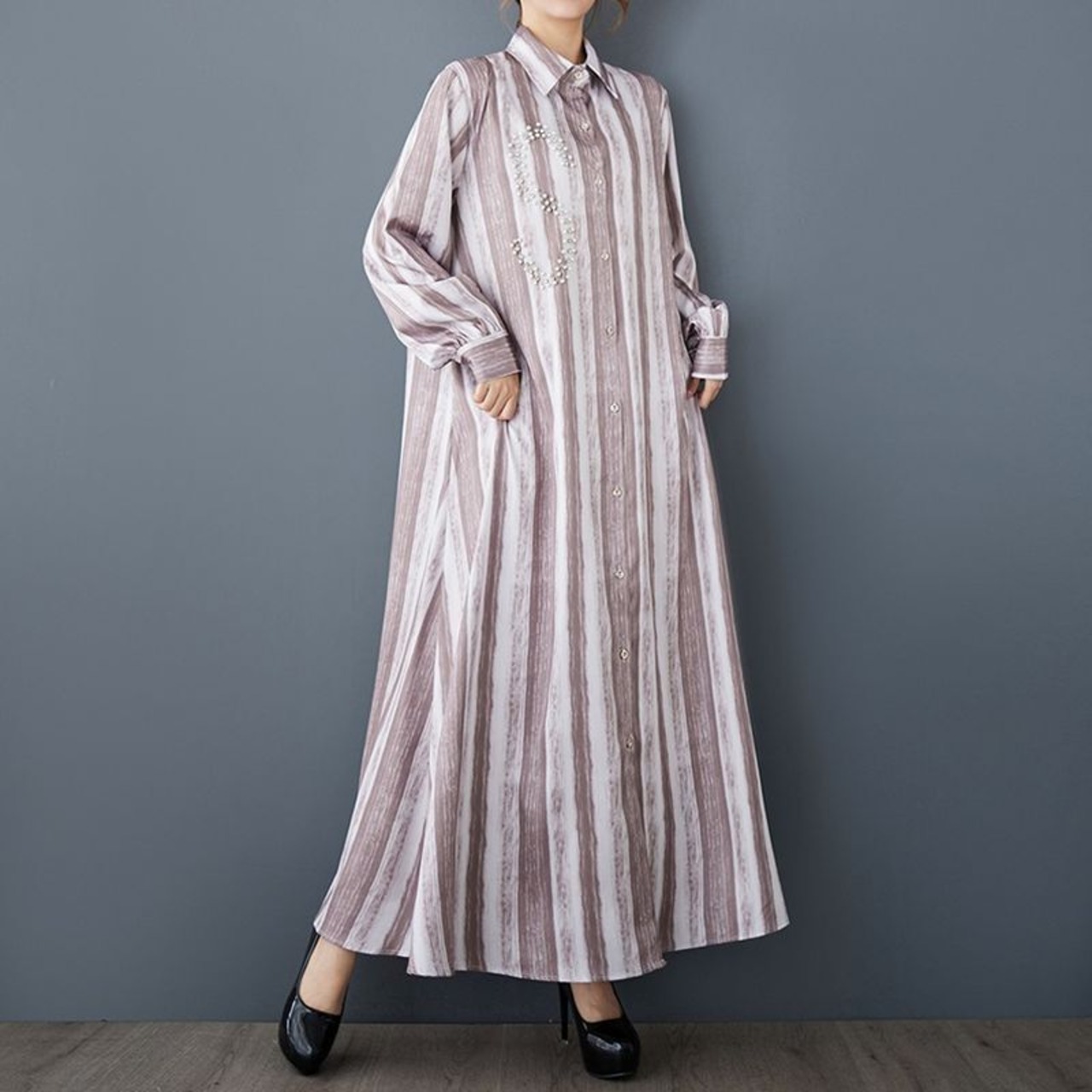 ストライプ柄 ビジュー装飾 シャツワンピース 00158