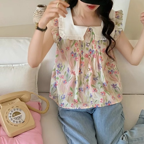 2色／フラワープリントフリルノースリトップス ・70178