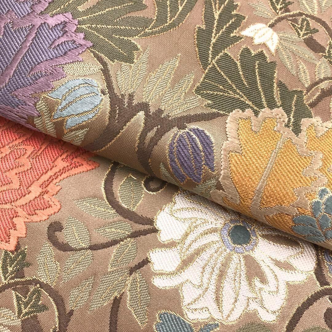 袋帯 鮮やかな花柄 縦柄唐草模様 香色 O-2972