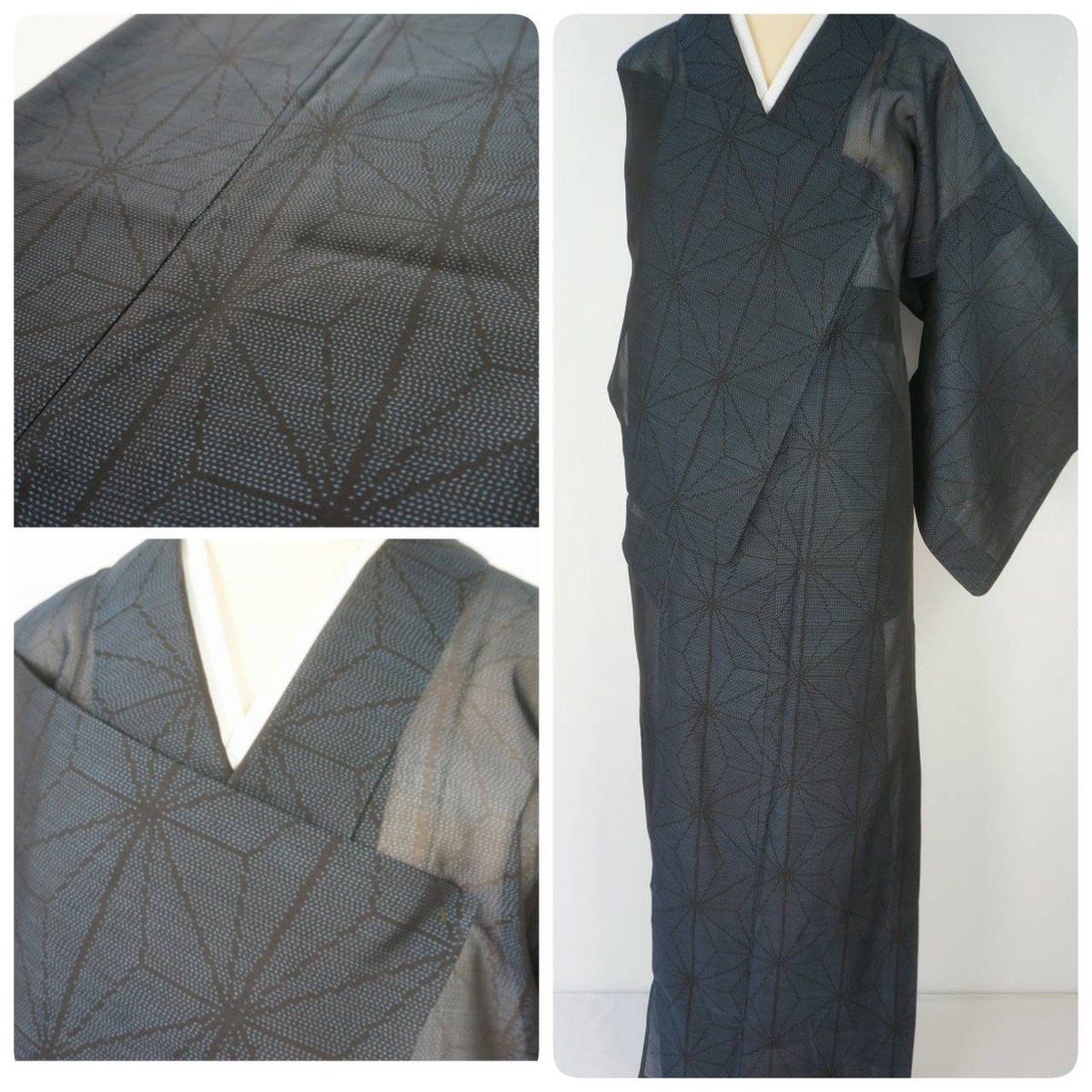 夏大島】本場大島紬 麻の葉 紗紬 正絹 紺 黒 726 | kimono Re:和 
