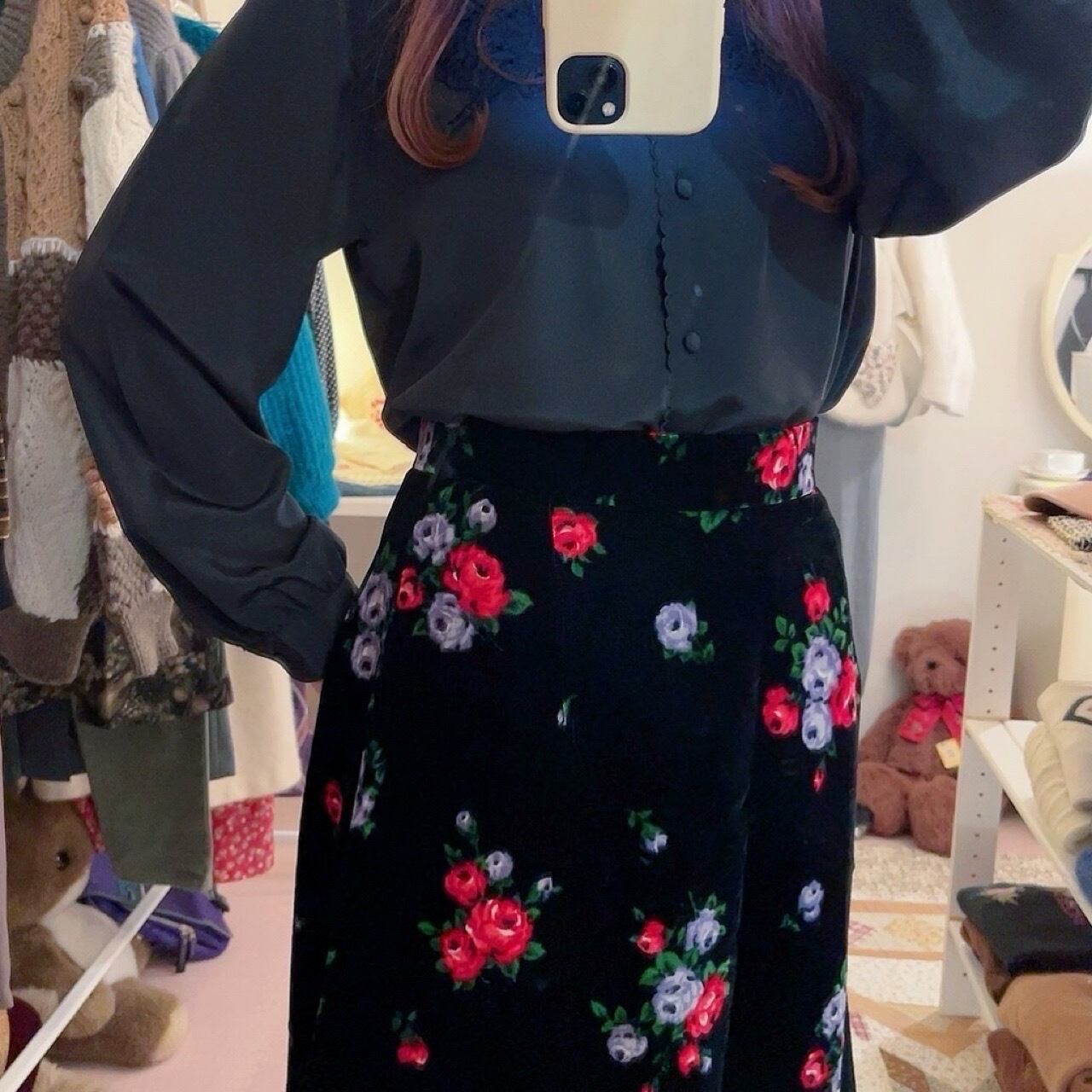 black rose velvet long skirt