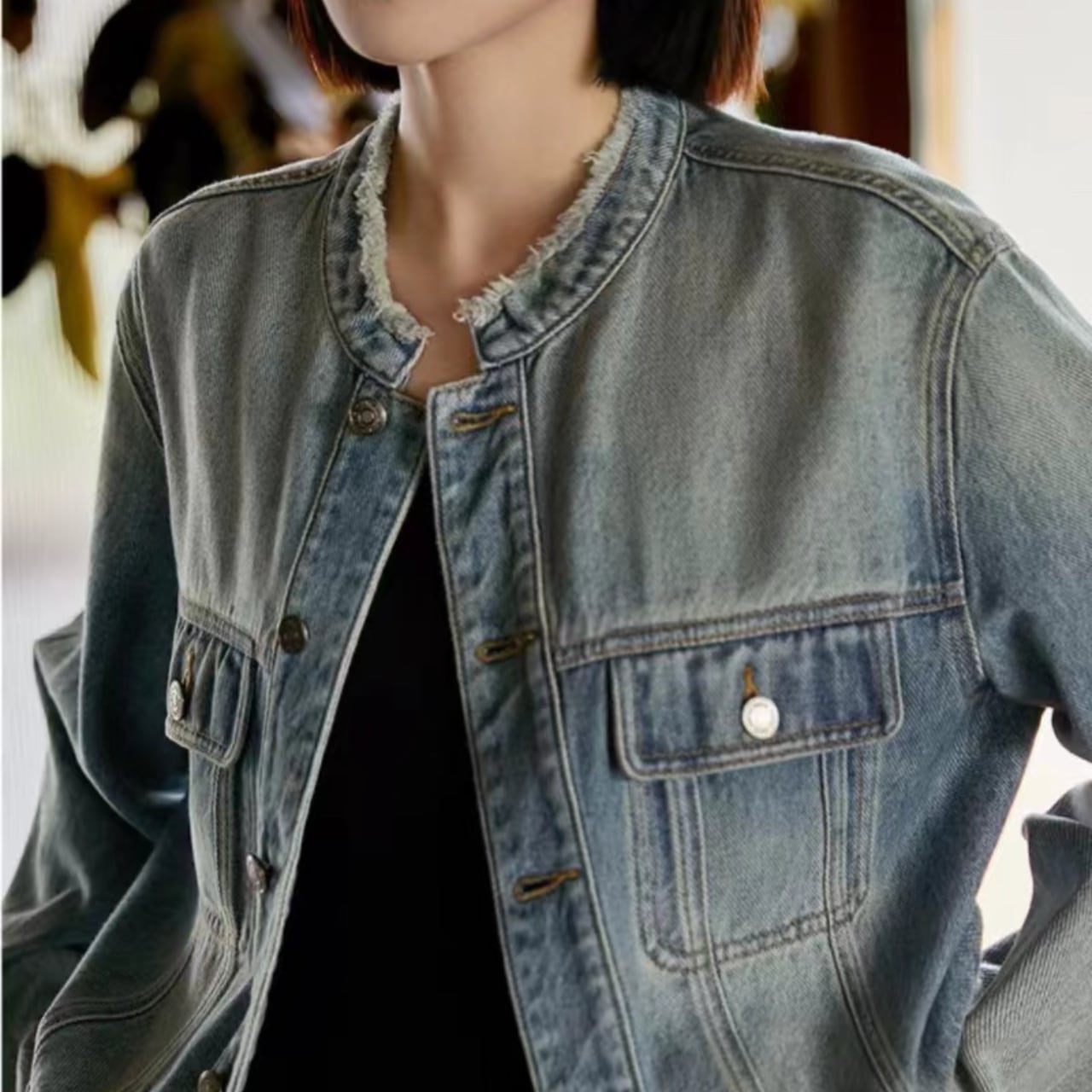 ヴィンテージ ノーカラー デニムジャケット Ln00073