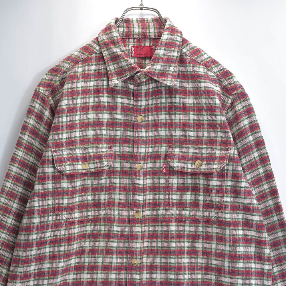 00s Levi's リーバイス 長袖 ネルシャツ フラップポケット 赤タブ チェック柄 アメカジ ワーク レッド グリーン USED ヴィンテージ ビンテージ 古着 メンズ Mサイズ