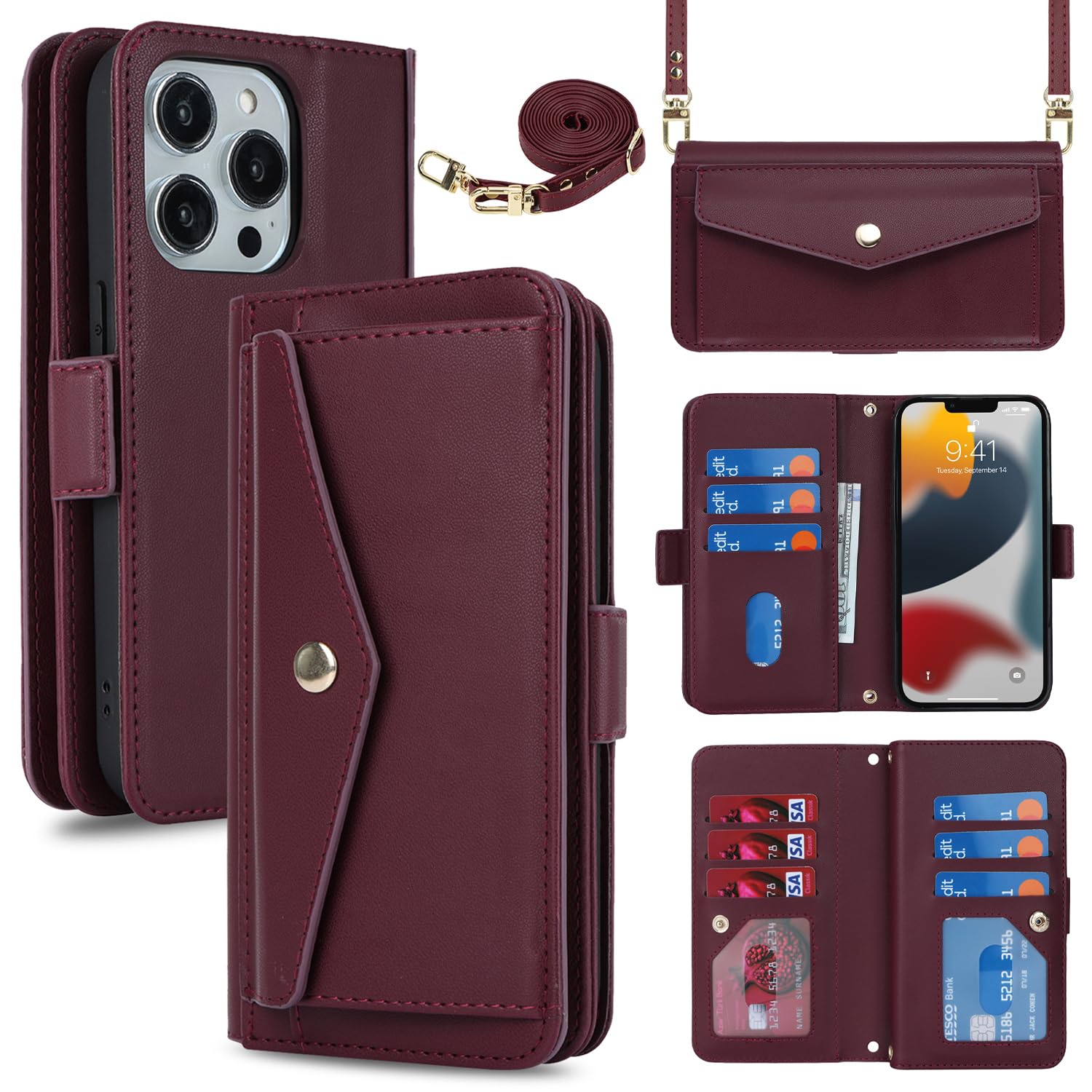 Eastwave for iPhone 13 Pro ケース ショルダー クロスボディアイフォン 13pro 留め具 肩がけ 首掛け 斜め掛け カードケース for iPhone13 Pro 手帳型 携帯 ケース case 財布型 カード収納 小銭入れ PUレザー 6色レッド