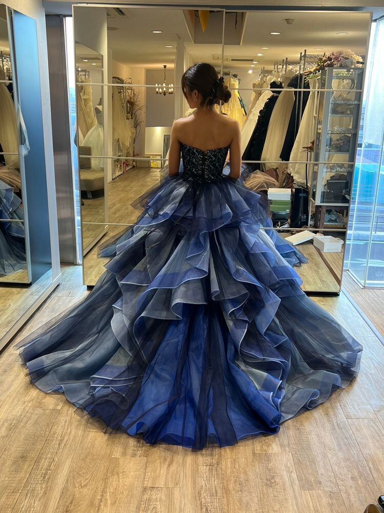 ネイビー カラードレス ラッフルフリル ベアトップ 編み上げ 細見え  