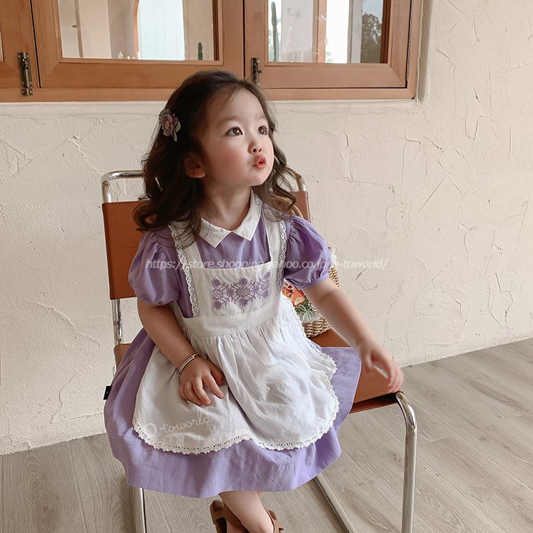 80㎝-130㎝】女の子 ワンピース フリル エプロン付き 女の子 韓国子供 