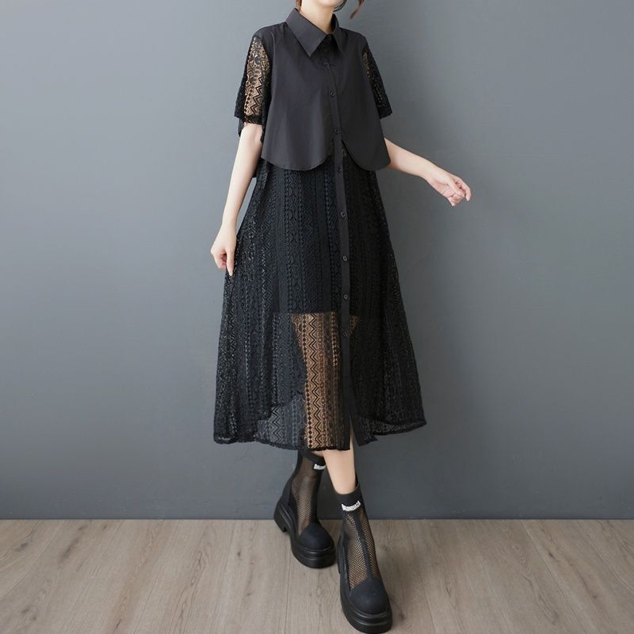 レイヤード風 シースルー シャツワンピース 30159