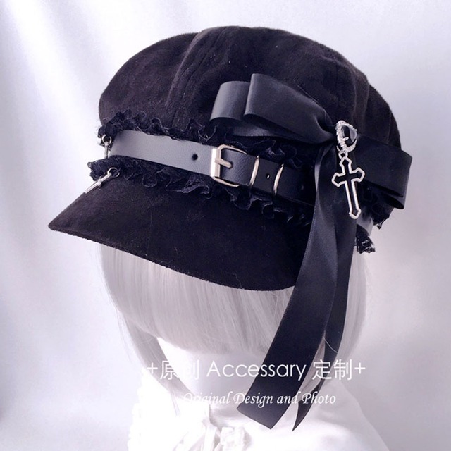 サブカル系 ゴスロリ  キャスケット ベレー帽  天使の羽帽子 ハットラインストーン ベルト リボン