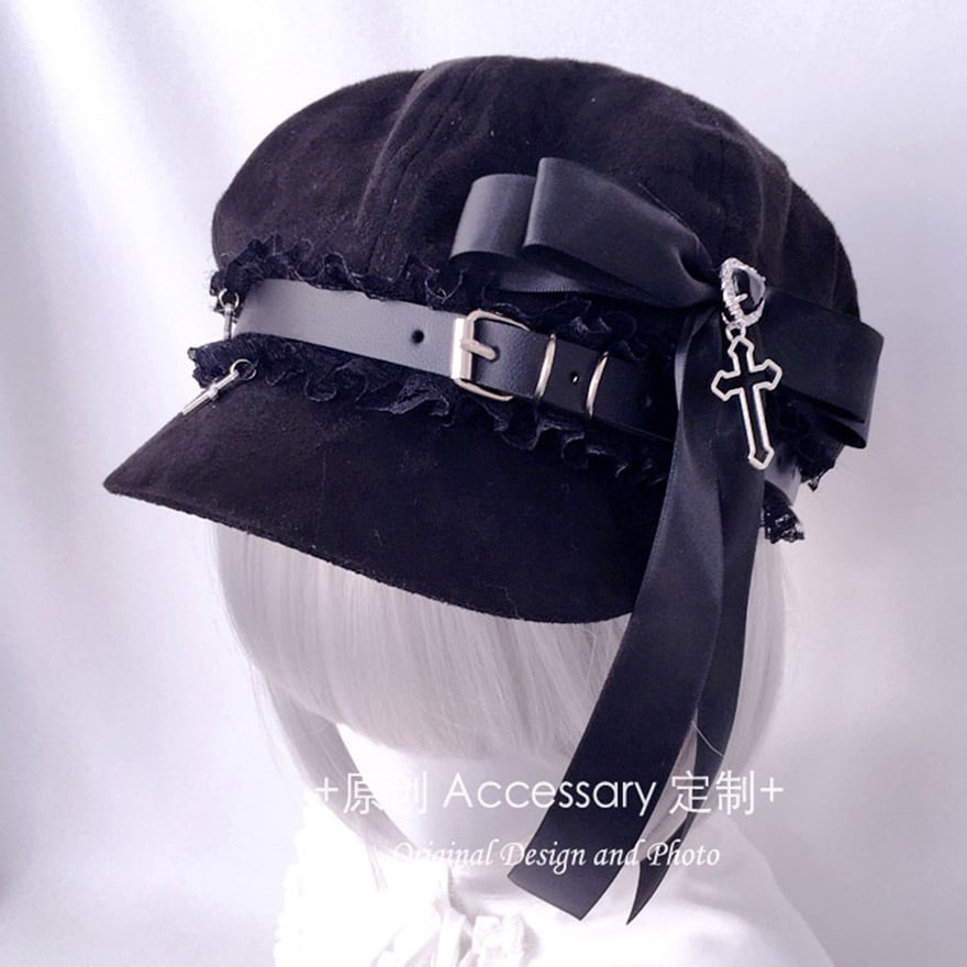 サブカル系 ゴスロリ キャスケット ベレー帽 天使の羽帽子 ハットラインストーン ベルト リボン