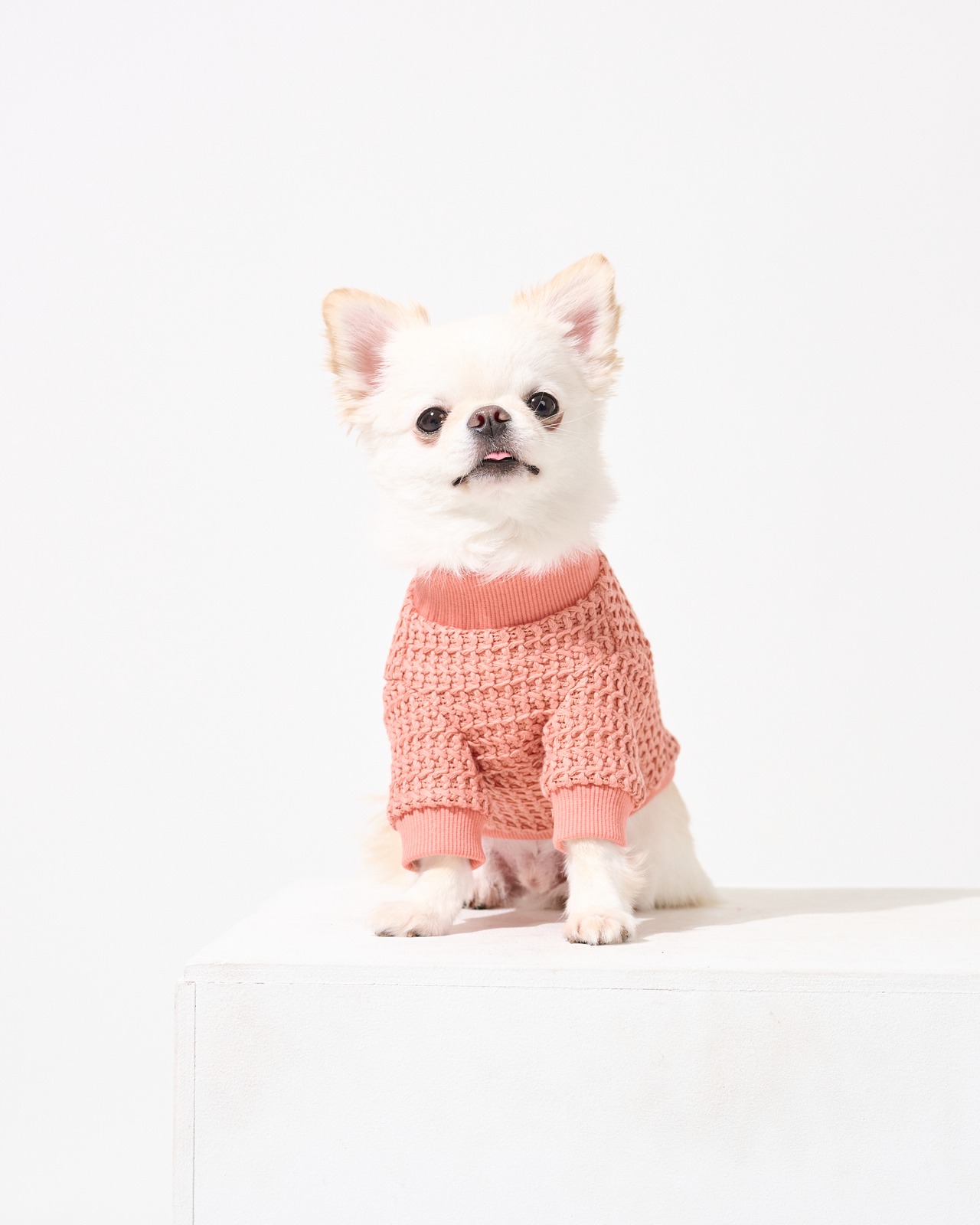 ワッフルニット　プルオーバー　ピンク