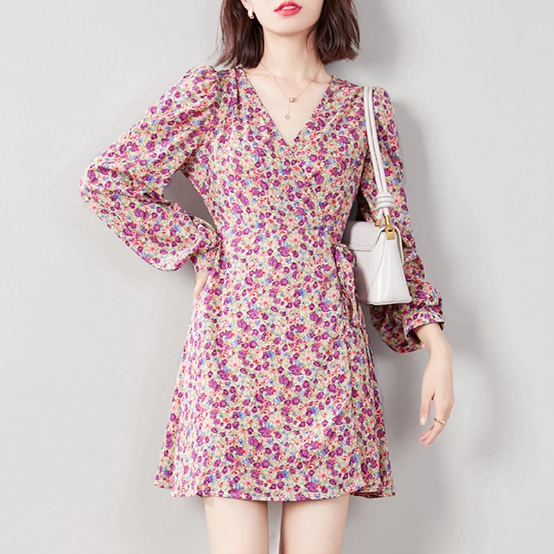 ワンピース 韓国系 ファッション Vネック プルオーバー 花柄ワンピース ショート丈 可愛い ピンク系 Miyabigo