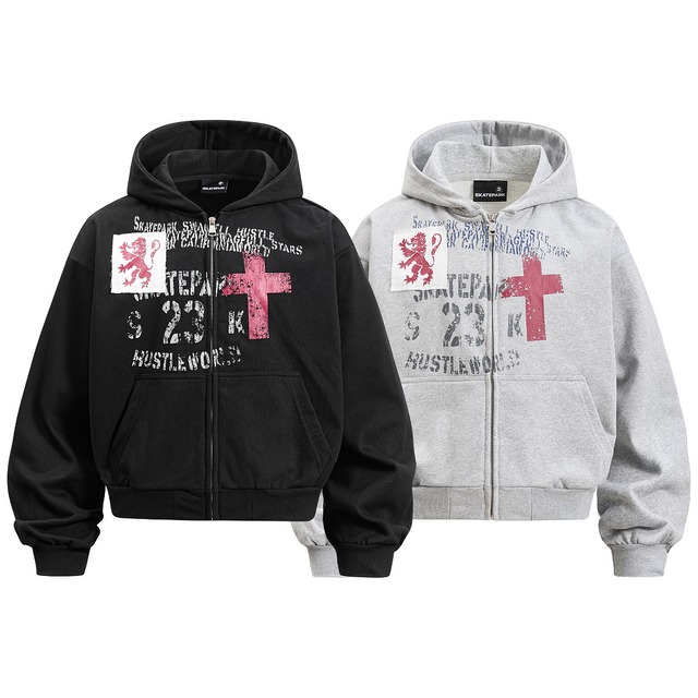 VINTAGE ストリート パッチワーク グラフィック ジップパーカー T2275