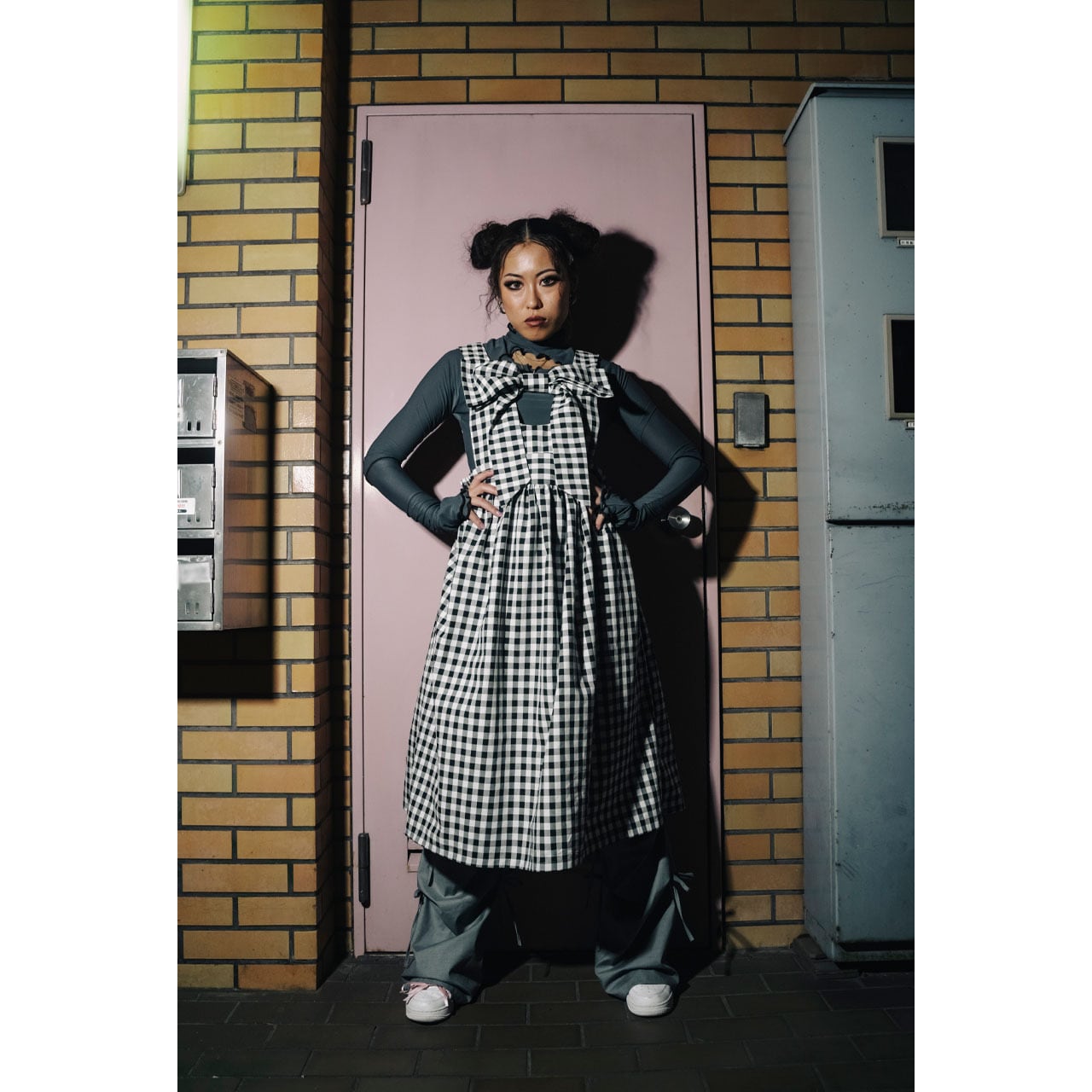 Front ribbon sleeveless onepiece (Gingham / Short丈) | roopage