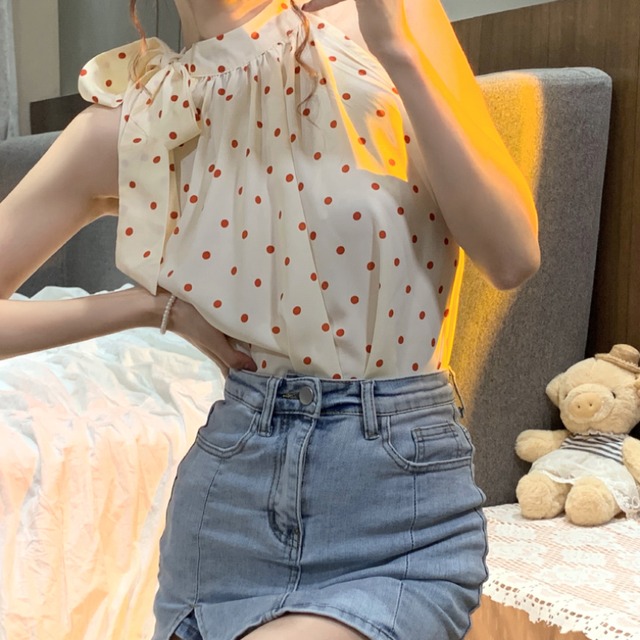 トップス ノースリーブ ドット ハイネック ホルターネック リボン  