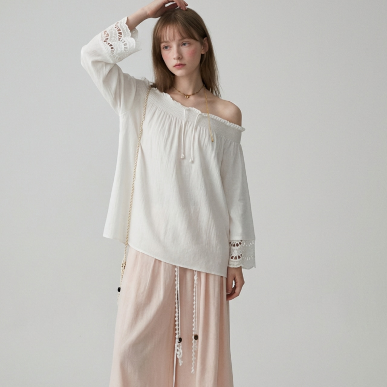 Gathered Long Sleeve Off-Shoulder Tunic T0741