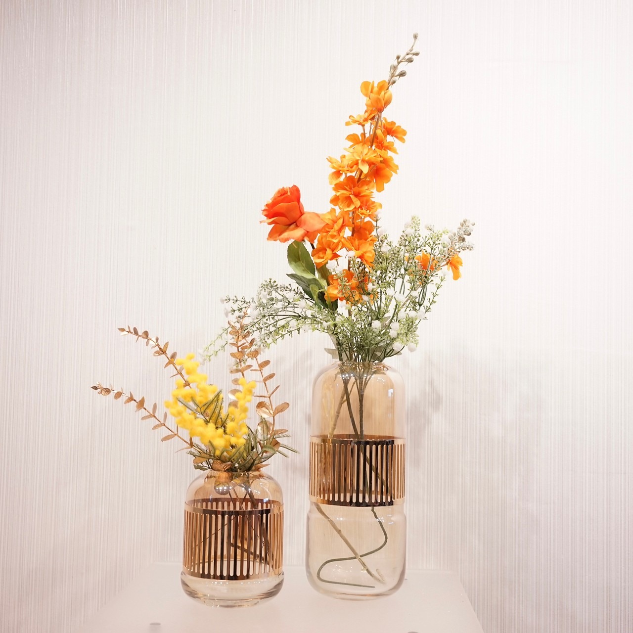 輸入品】フラワーベース ガラス 2個セット 造花付き 花瓶 モダン 雑貨 