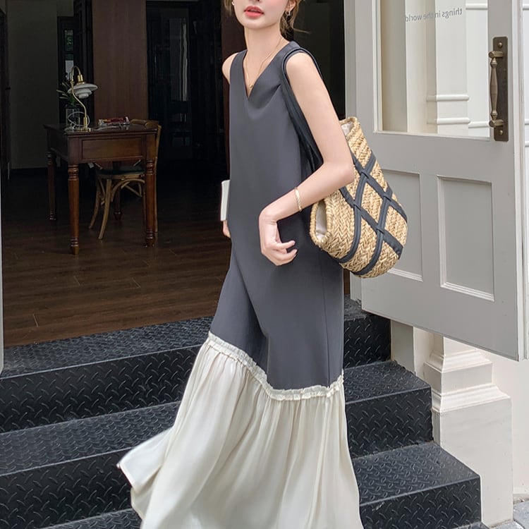 Vネックミディ丈切り替えフレアースカートワンピース 00006