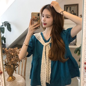 【韓国通販 dgo】レトロ デザイン ショール付き シャツ 夏 2020 ガーリー スタイル 半袖 女性 センス溢れるファッションitem（A1759）
