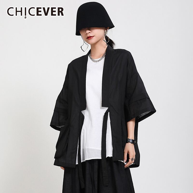 CHICEVER薄手のコート女性Vネックハーフスリーブウエストレースアップポケットルーズオーバーサイズコート2020秋 半袖 オータム 秋物 6base576198987101