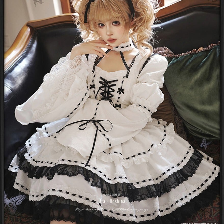 白黒レースのアイドル系ゴシックロリィタワンピース｜クロスリボン