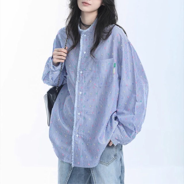 バンドカラー 長袖 ストライプ柄 シャツ ◆2col L00228