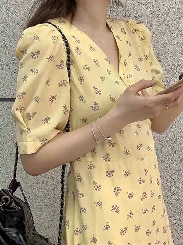 小花柄カシュクールイエローワンピース お出かけ リゾート 半袖 Vネック 総柄 大きいサイズ 韓国 CH4674