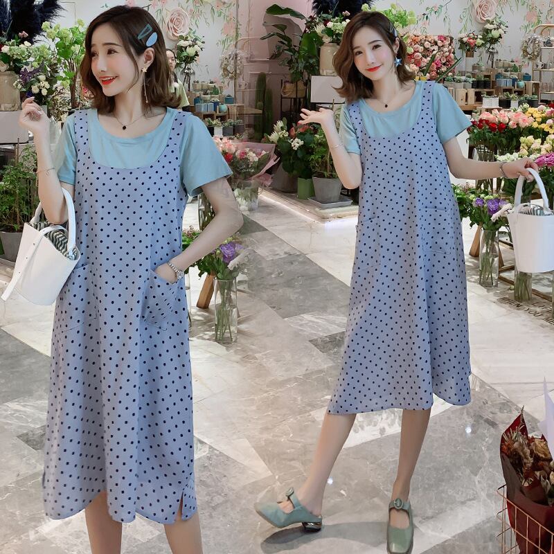 【新作】【送料無料】 新しいマタニティドレスファッションポルカドットベストスカート+ブルーTツーピーススカートのマタニティウェア2019夏バージョン-アリババ サマー 夏物 expec2682410343
