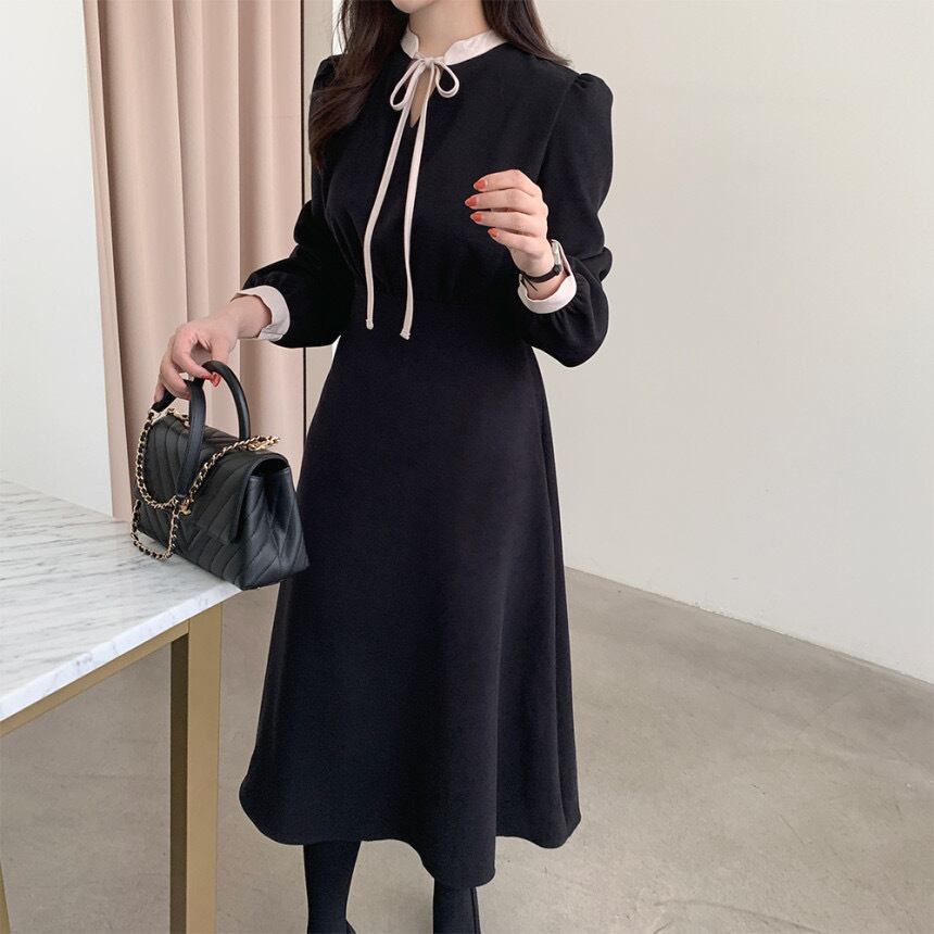 ワンピース Ol フォーマル 長袖 黒 レトロ フランス風 ロングワンピース ブラック S M Dresszone