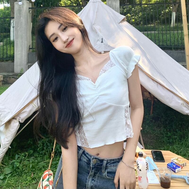 レーススリーブニットTシャツ サマーショートハイウェストトップス 大人ガーリー スウィート キュート カジュアル 夏物 ブラックストロベリース19424997583