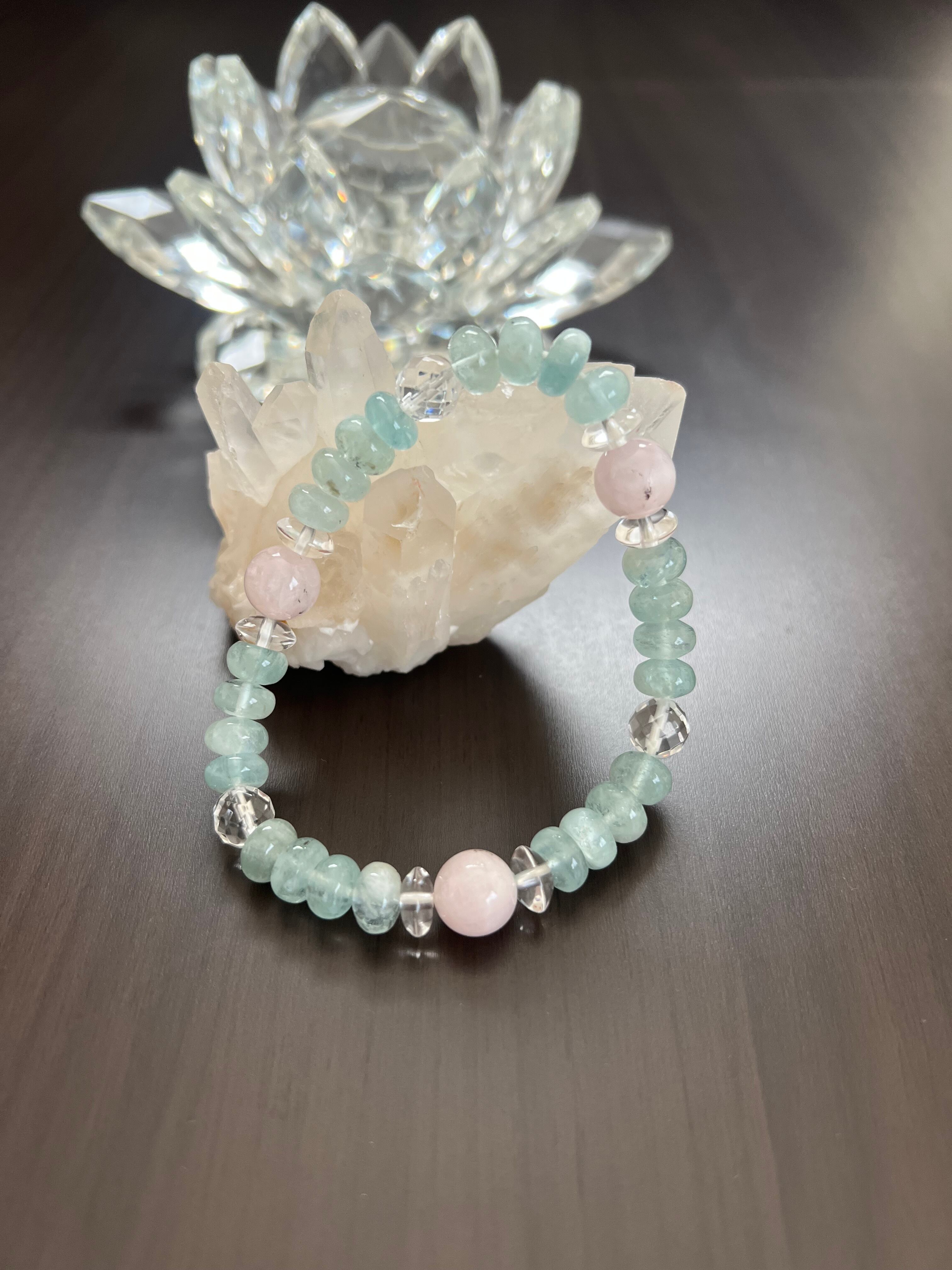 ◆美しいアクアマリン◆ ローズクォーツ、スターカット水晶、水晶 No.356】そろばんカットアクアマリン＆クンツァイト＆カット水晶
