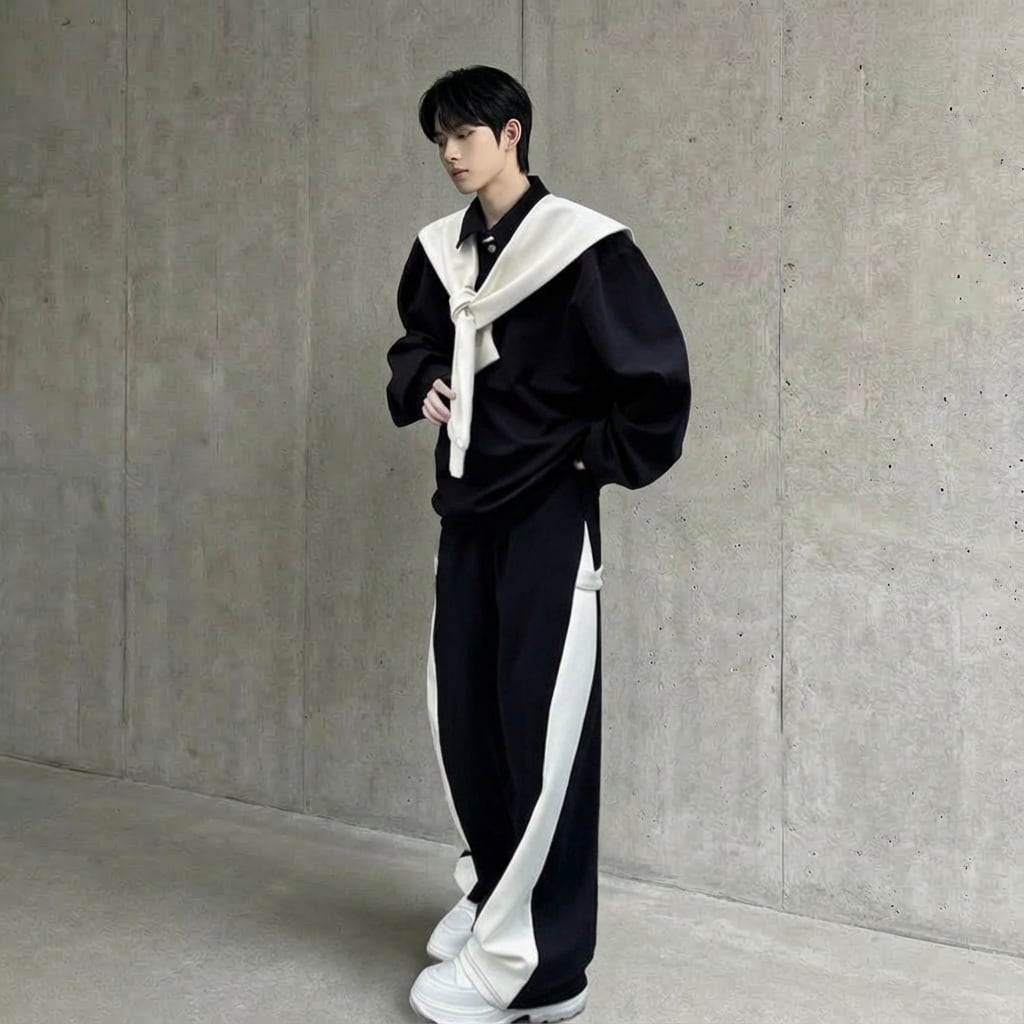 ショール付き コントラストカラースウェット セットアップ 2カラー D11428