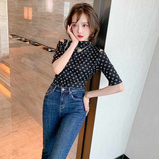 プリントカラースリムトップス オータム 秋物 オフショルダー MIUCO67266416522