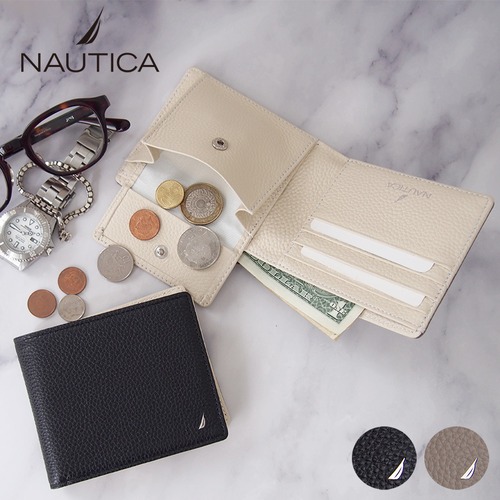 NAUTICA  ノーティカ 財布 ： シンプルで使いやすい二つ折り財布。スピンネーカーのメタルロゴが上品なシュリンクレザーに映えるシリーズ。4NT0013