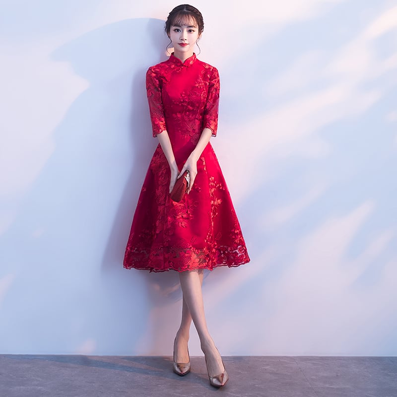 チャイナ風ドレス レース チャイナドレス ワンピース 七分袖 大きいサイズ Xs S M L Ll 3l レッド 赤い 二次会 お呼ばれドレス 改良型 入園式 婚活 顔合わせ Dresszone