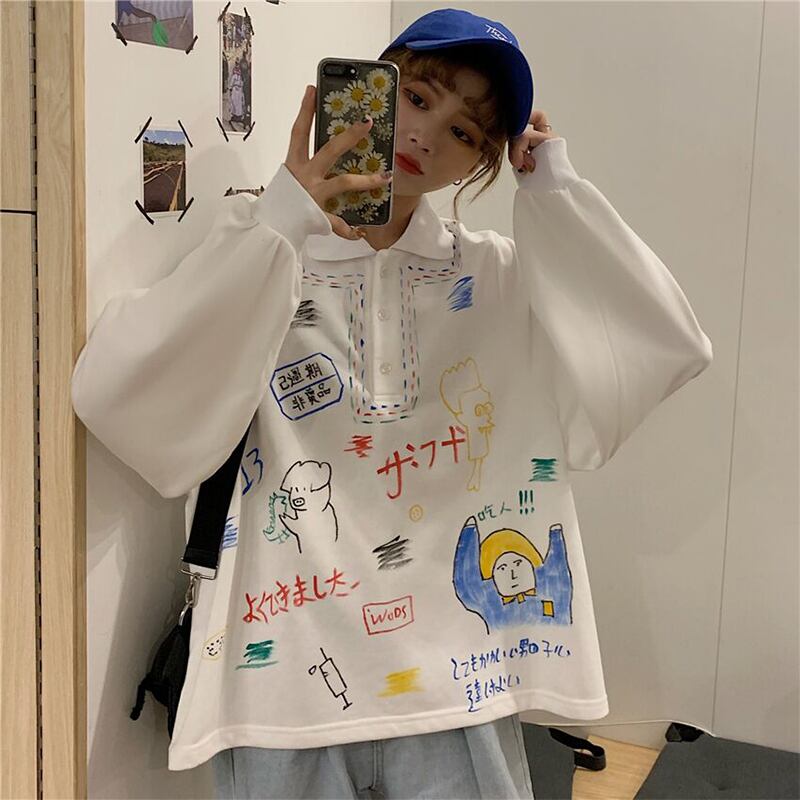 グラフィティプリントのルーズ原宿スタイルトップポロカラープルオーバー長袖セーターレディース2020新春秋薄手スタイル 萌量不足79569761922