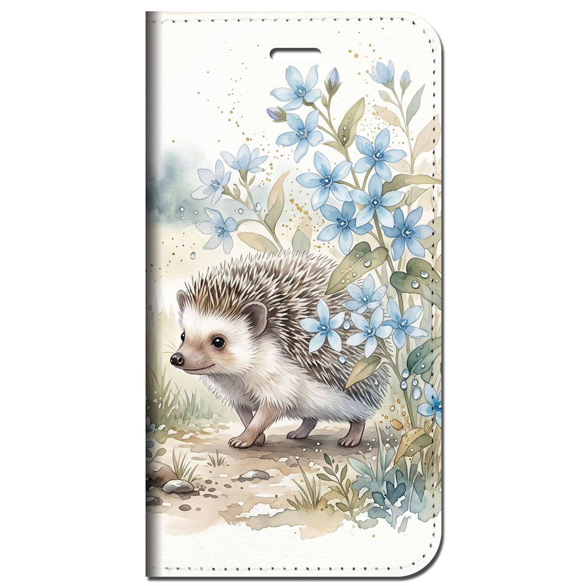 iPhone対応 スマホ 手帳型ケース 夏 ハリネズミ ブルースター 水彩 くすみブルー 大人可愛い 癒やし 小動物 ニュアンスアニマル ほっこり 上品 スマホケース スタンド 【iPhone17 / iPhone16e / iPhone16 他 iPhone各機種対応】 |ianuan16