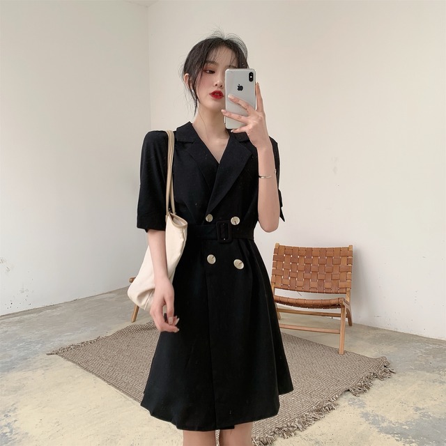 ダブルブレストウェストドレス サマースタイルルーズブラック 夏物 クレセントシティ1242026461