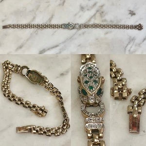 vintage 9ct gold panther head panther chain bracelet set with emelard&diamond