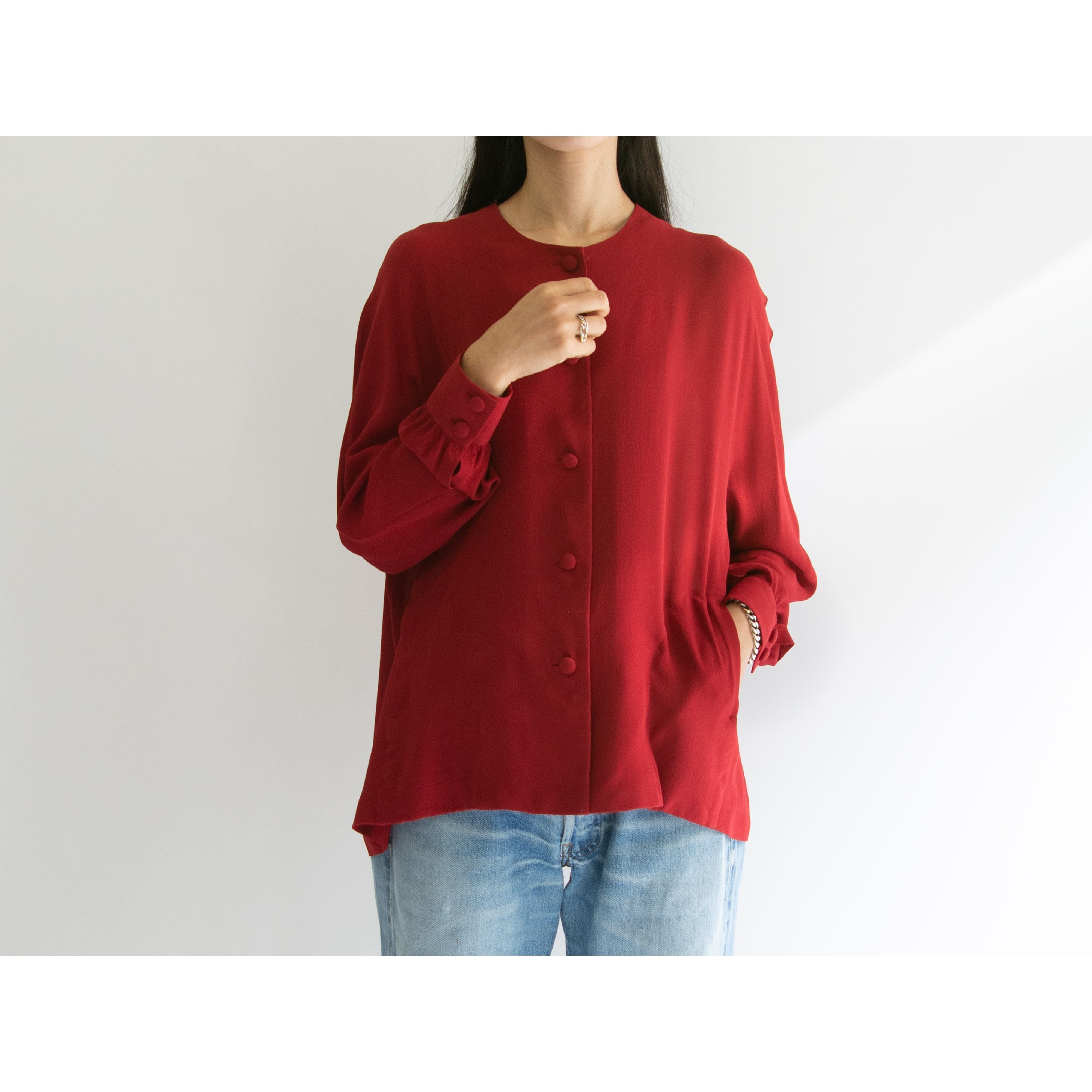 【Unknown Brand】Collarless Chiffon Blouse（ノーカラー シフォンブラウス）