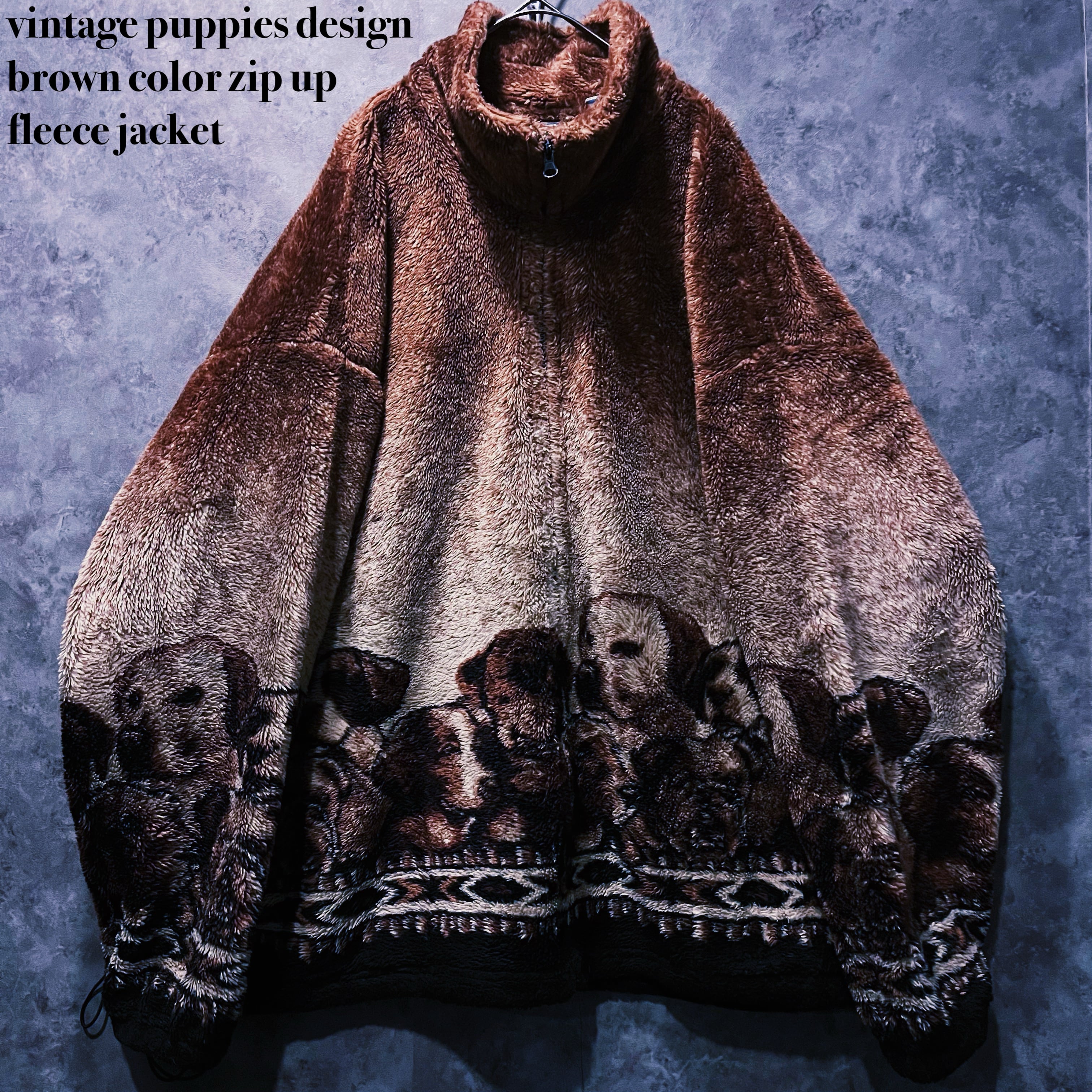 【doppio】vintage puppies design brown color zip up fleece jacket