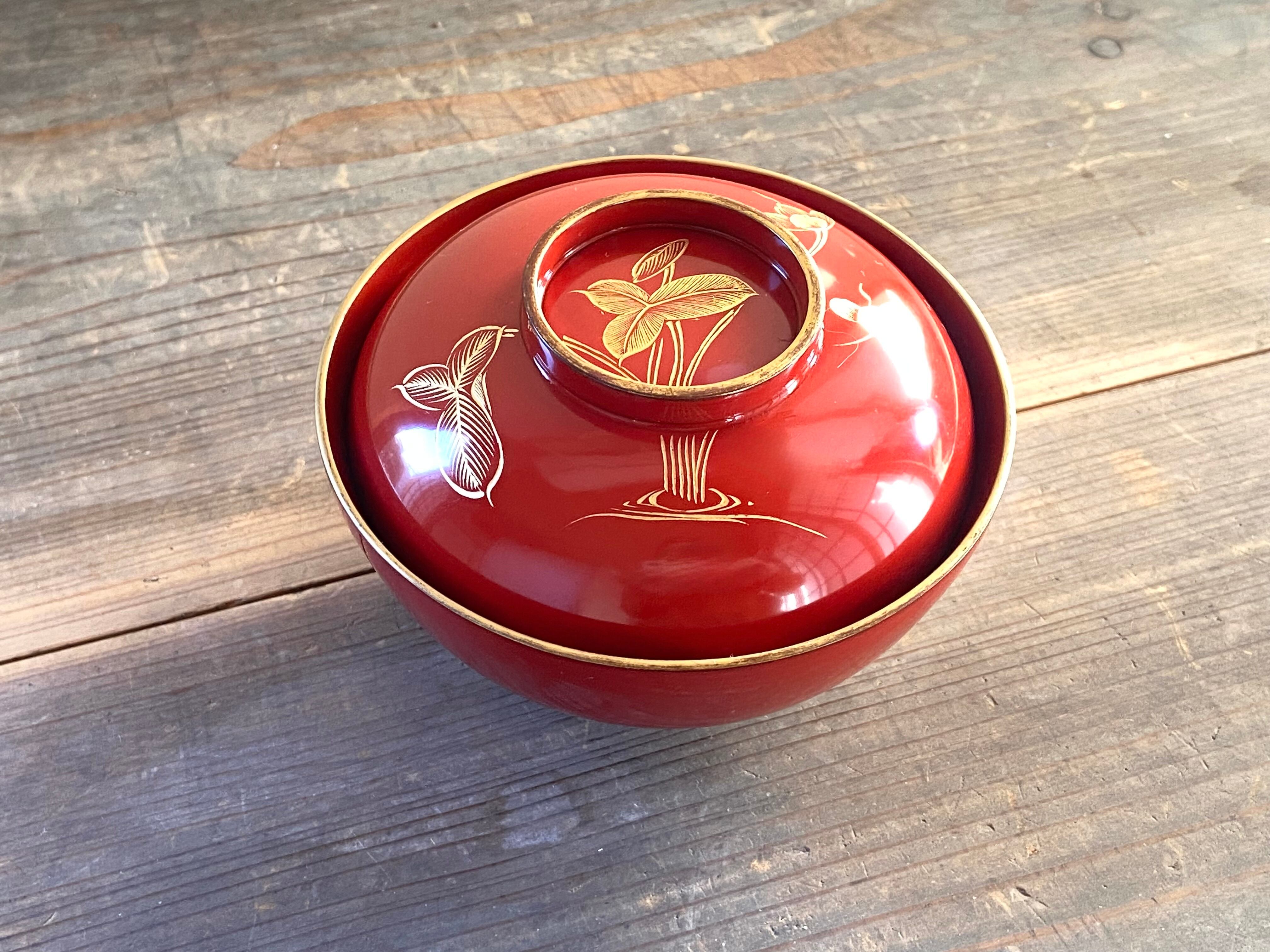 能登に伝わる古民芸 朱漆 沈金 蓋付椀 / 漆器椀 懐石椀 菓子椀